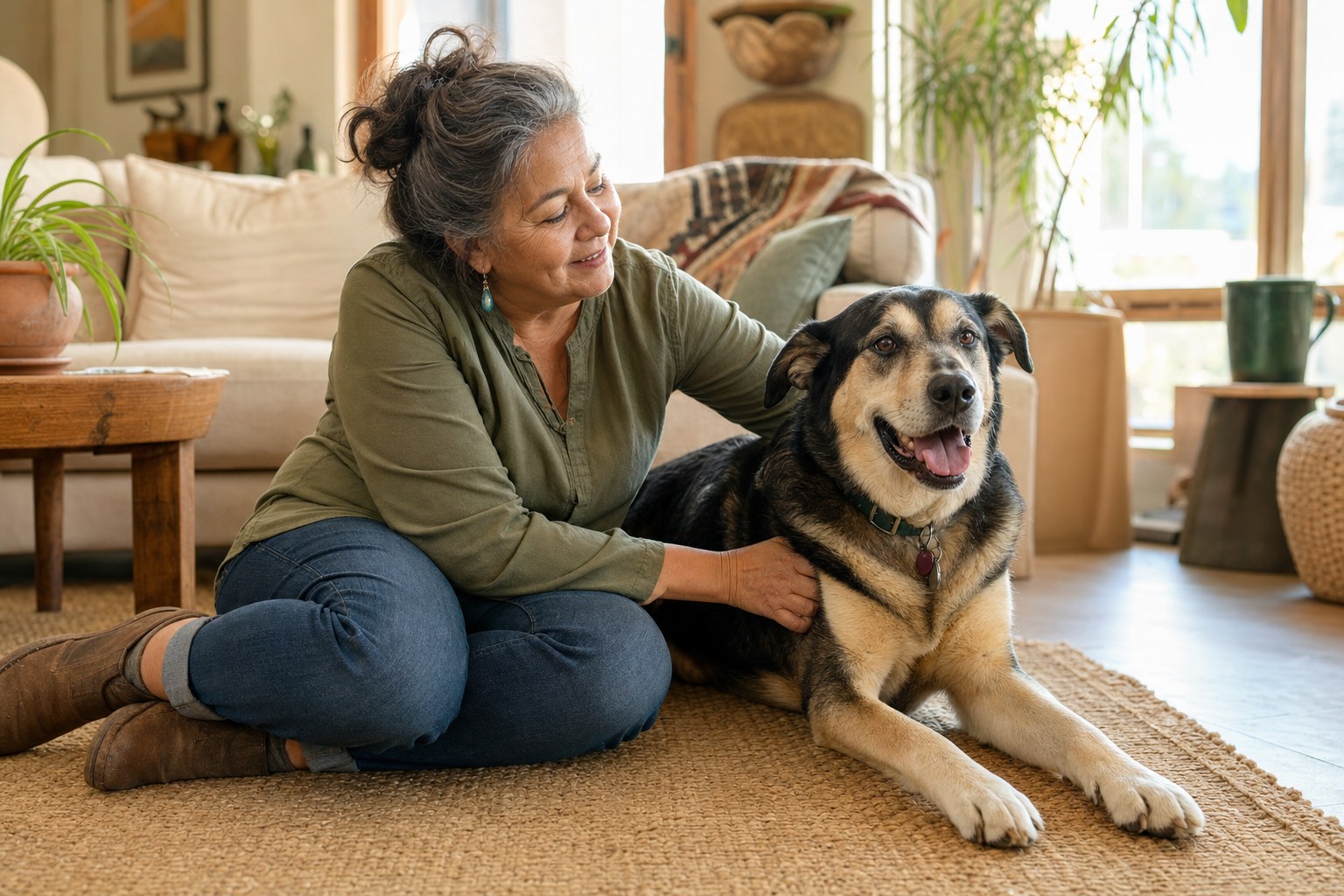 A foster volunteer sitting with a large rescue dog in a sunlit living room