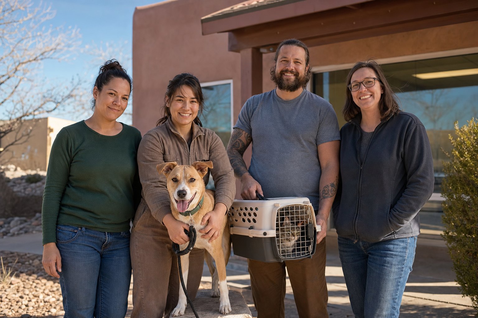 Animal rescue staff and volunteers with a dog outside an adoption room