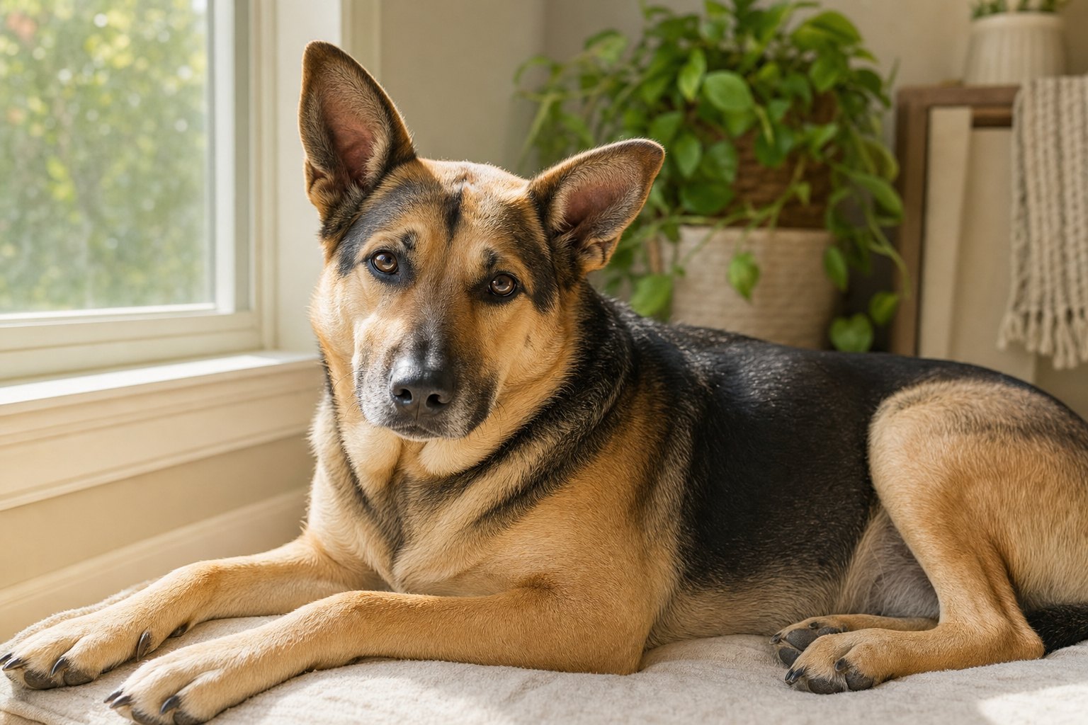 Biscuit, a tan and black shepherd mix, resting near a sunny window