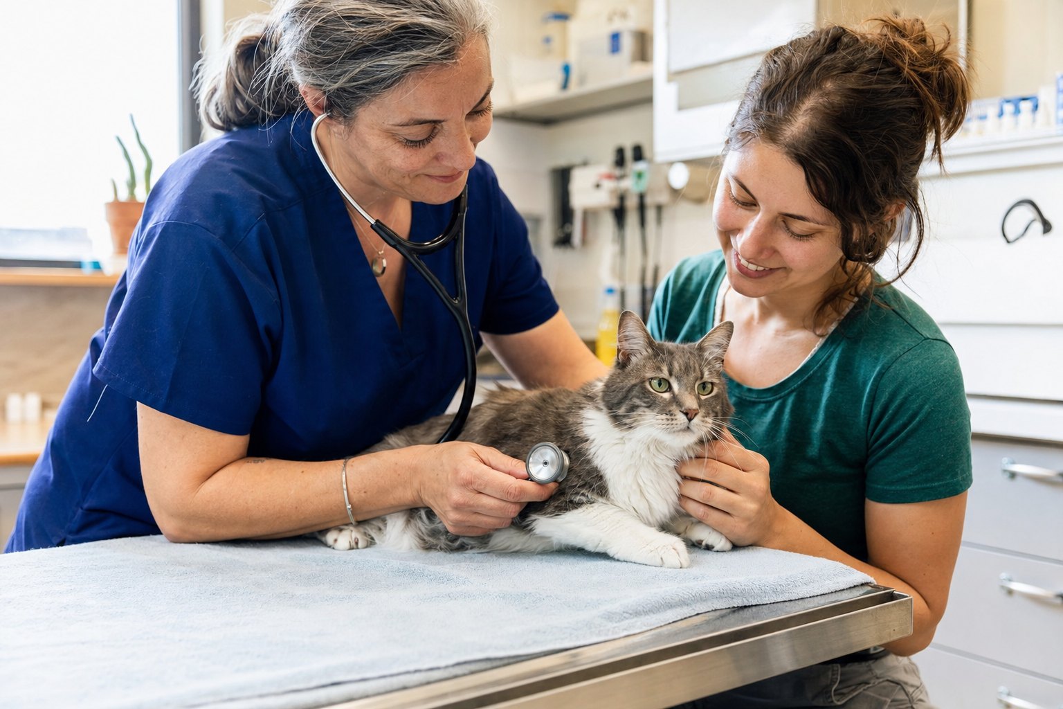 A veterinarian caring for a rescue cat