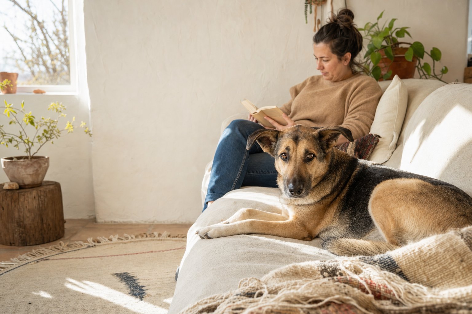 A shepherd mix resting on a sofa beside a foster parent