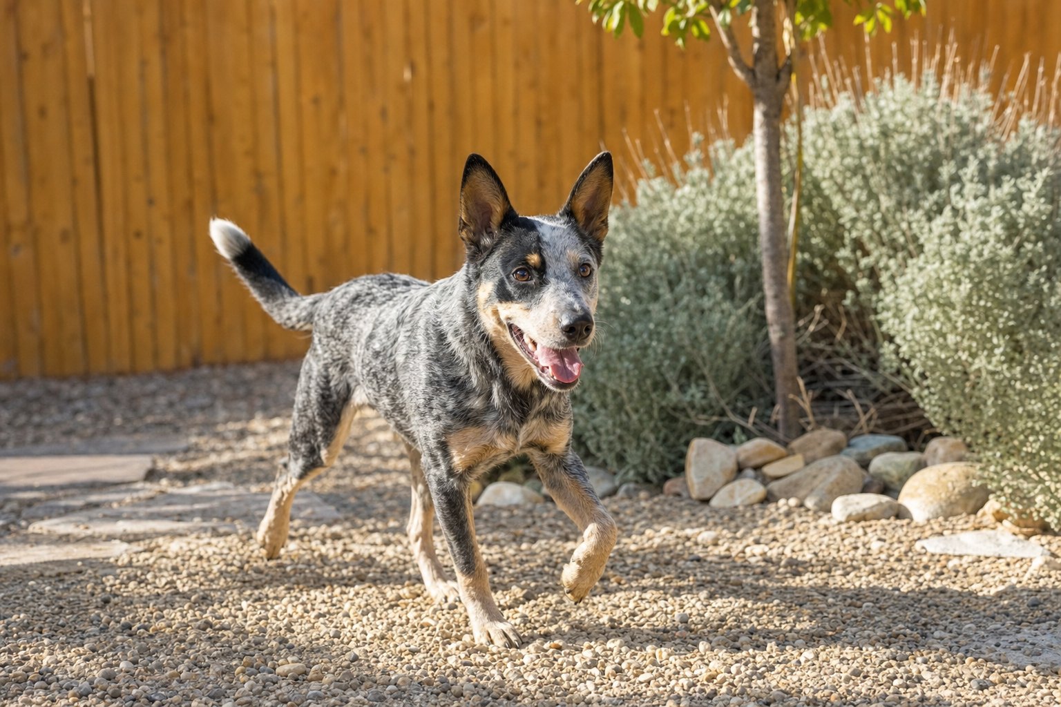 Juniper, a young heeler mix, running in a fenced backyard