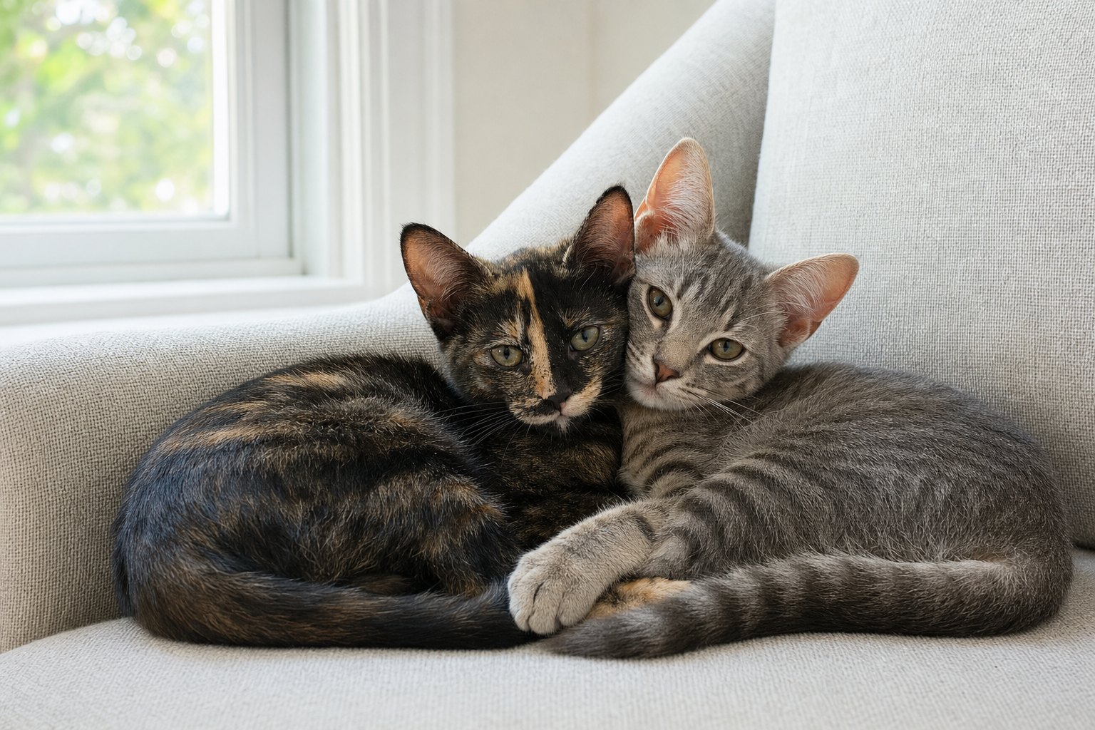 Marisol and Tuck, two bonded kittens curled together in a chair