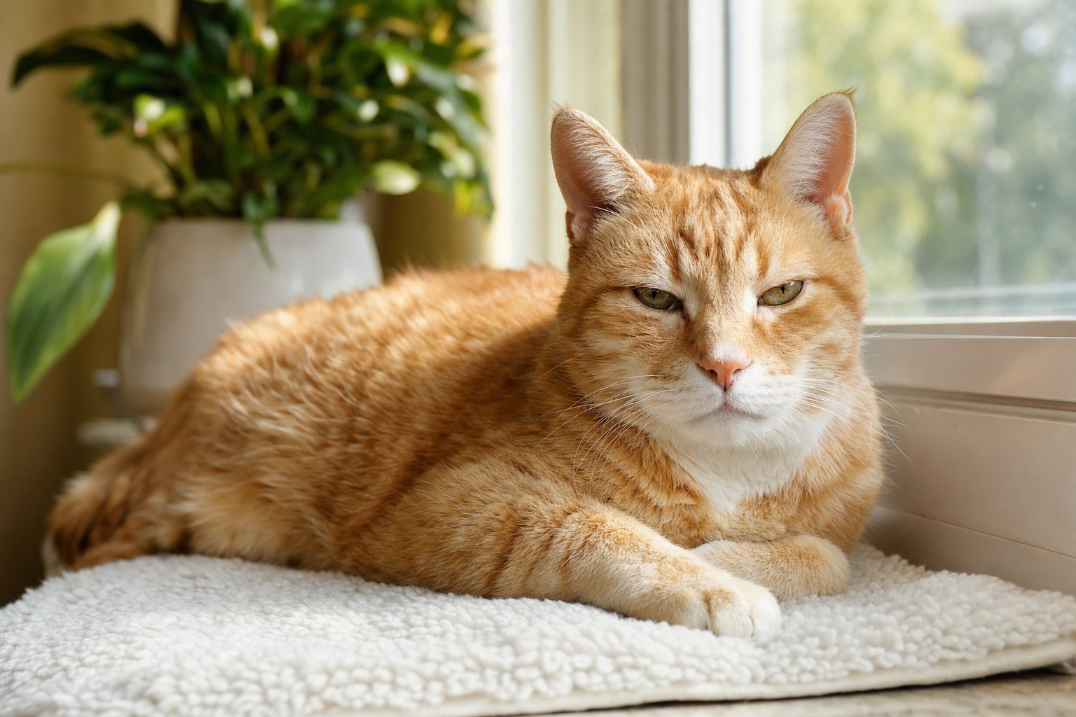 Ollie, an orange tabby, relaxing in a sunny window seat