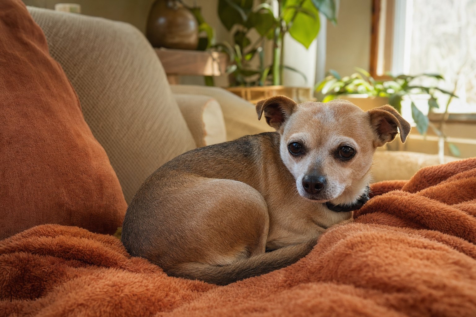 Pepito, a small chihuahua mix, curled up on a couch