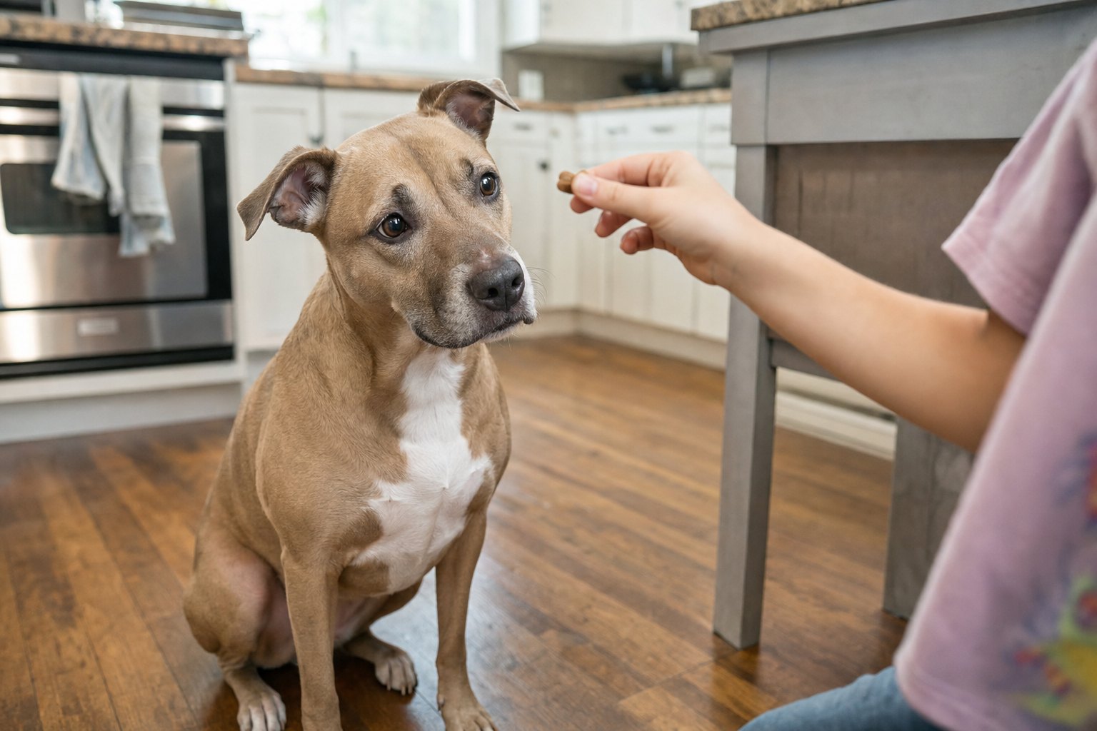 Sadie, a pit bull mix, sitting attentively for a treat in a family kitchen